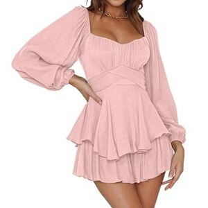 Lyaner Women's Lantern Sleeve Romper Shorts Jumpsuit in Dusty Pink, Sz Large